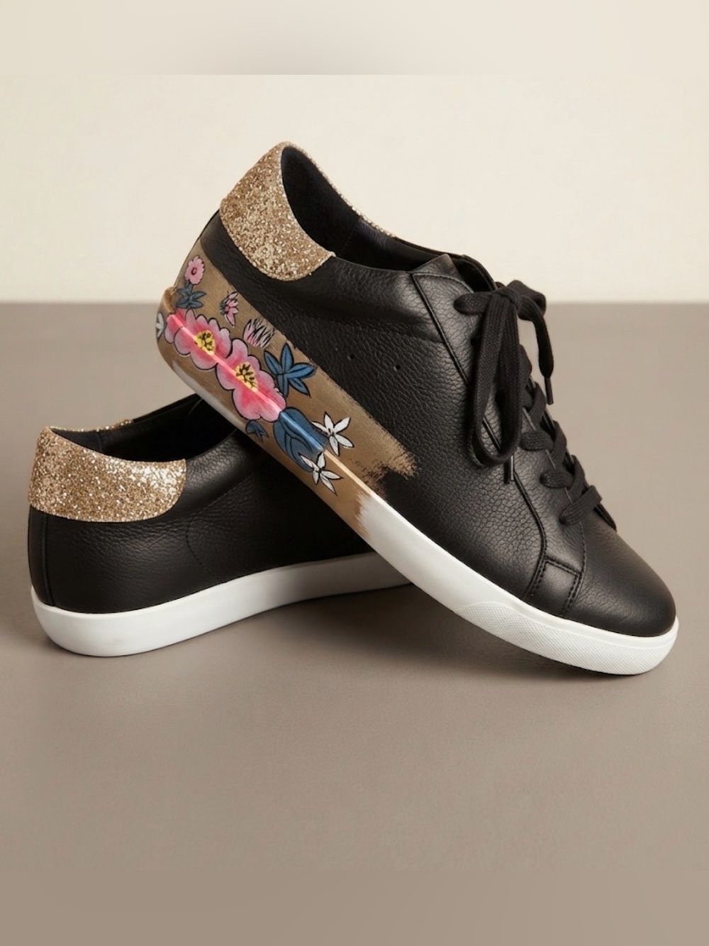 SILENT D Rare Black Painted Floral Glitter Accent Sneakers